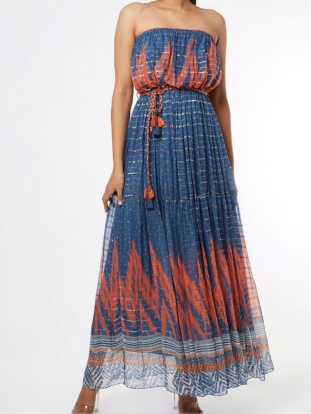 Anthropologie Verb by Pallavi Singhee Nora Strapless Maxi Dress Navy Gold Med 8